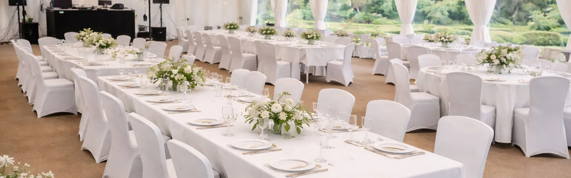 Marquee Event Gallery Setups Marquee interior with mixed table layouts and standard chairs showing real event hire setups