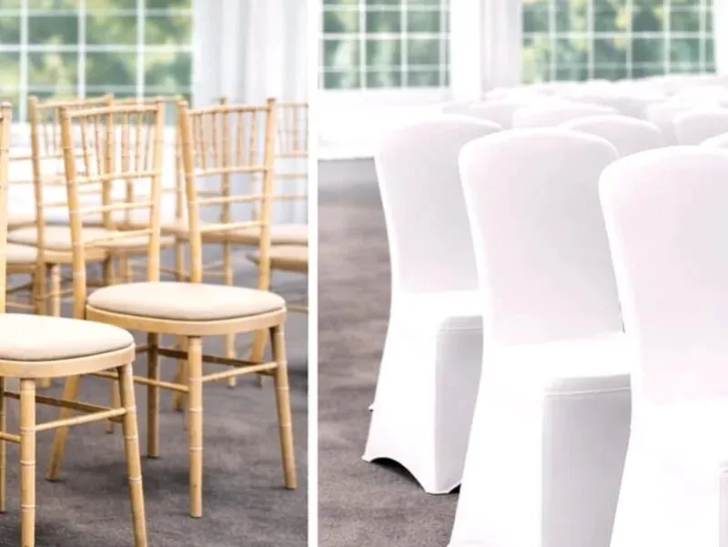 Chair Hire Options Chiavari and Covered Chairs Chair hire options in Essex showing Chiavari chairs and covered event chairs inside a marquee