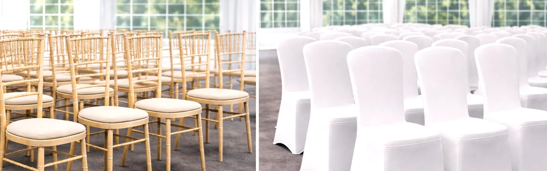 Chair Hire Chiavari And Covered Chairs Rows of Chiavari chairs and covered chairs arranged inside marquee for chair hire