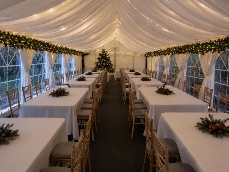 Christmas marquee banquet layout with spaced tables and chairs for festive dining in Essex