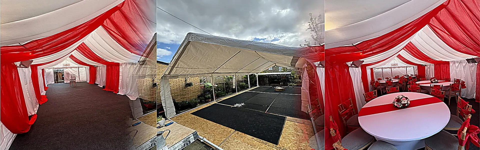 Forest Gate Marquee Hire – Setup to Finished Interior Slider Garden marquee hire in Forest Gate showing flooring installation, structure setup and finished 4m x 8m marquee interior for family event