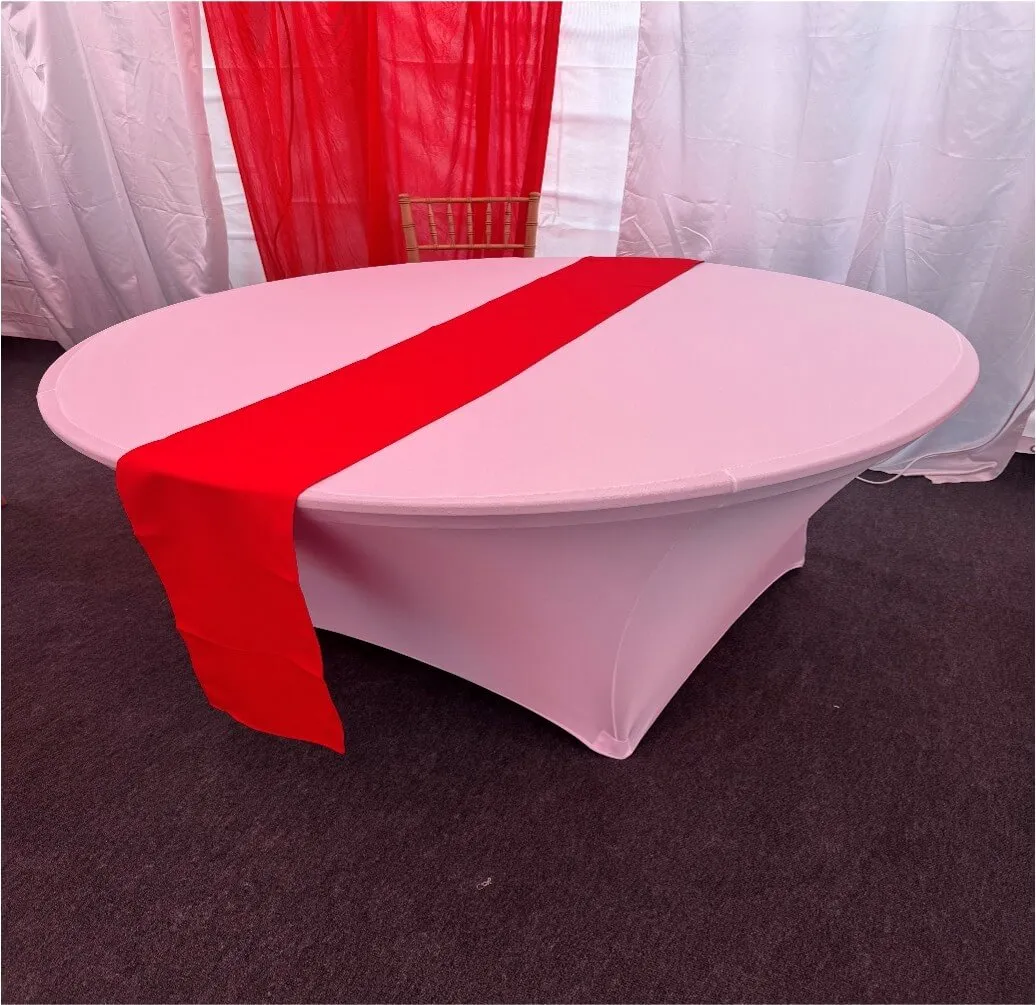 Table Runner Detail – Forest Gate Marquee Setup Round table with white cover and red runner inside marquee in Forest Gate during event setup