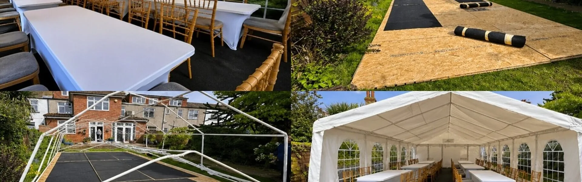 Tilbury Garden Marquee Hire – Setup Process and Finished Layout Garden marquee hire in Tilbury showing installation stages and finished 4m x 8m marquee setup for private garden party
