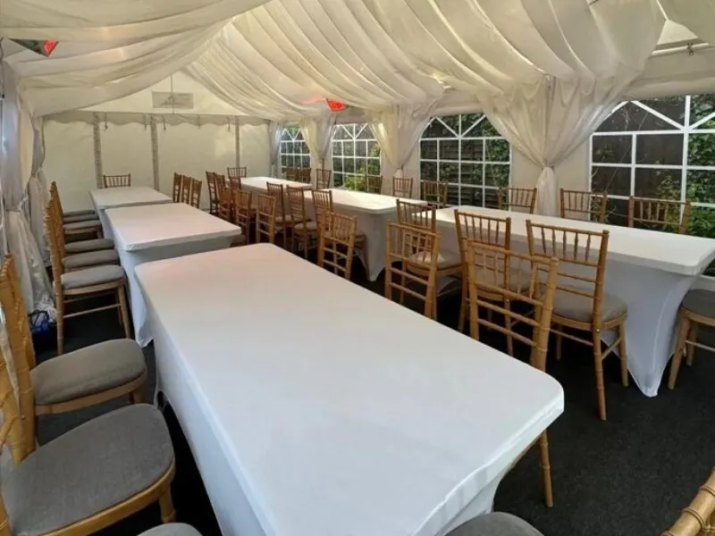 Event Furniture Hire Essex – Tables and Chairs Setup Event furniture hire in Essex with tables and chairs arranged for flexible marquee layout