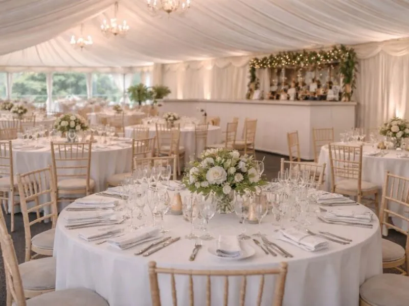 Marquee Interior Event Setup Example Essex Example of marquee interior setup with tables chairs and bar area