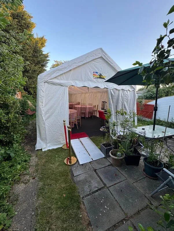 Hainault Garden Marquee Exterior Setup Garden marquee setup in Hainault with exterior view and entrance for birthday event