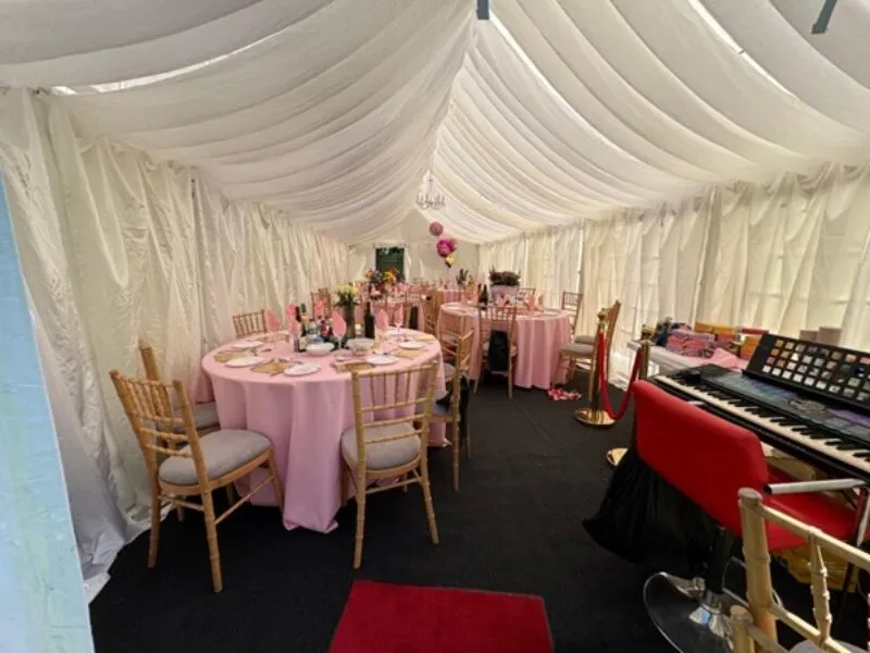 Marquee Interior Dining Setup Hainault Marquee interior with round tables, Chiavari chairs and lighting for birthday celebration in Hainault