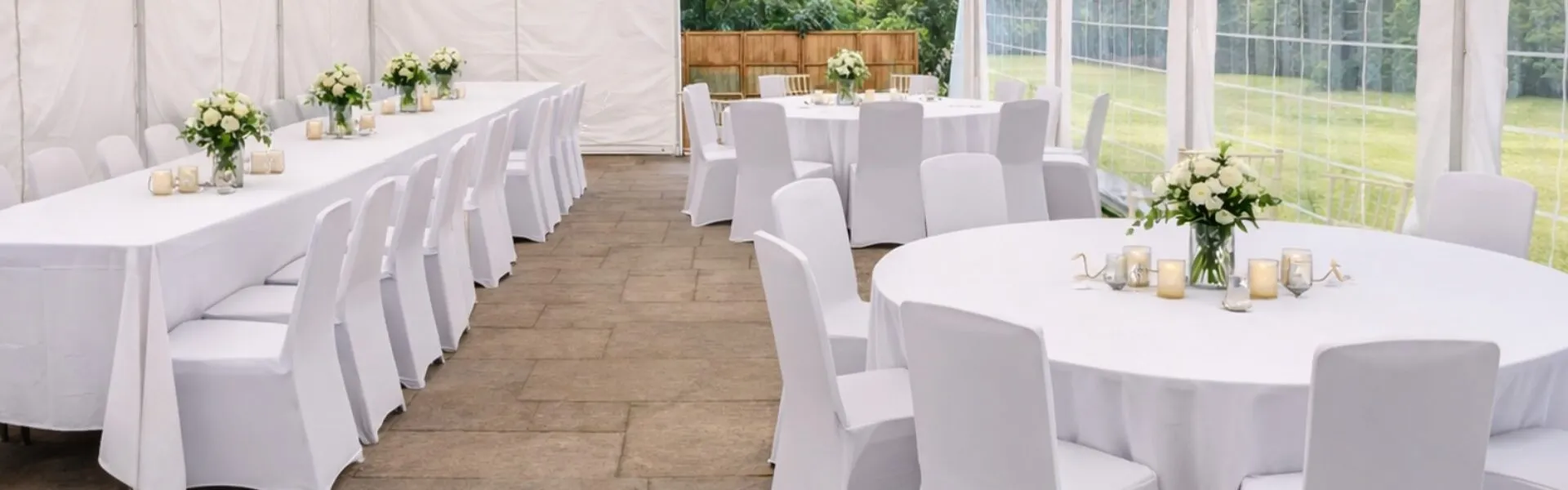 Marquee Layout Planning Guide Marquee interior with round and long table layouts and covered chairs showing event planning and setup guidance