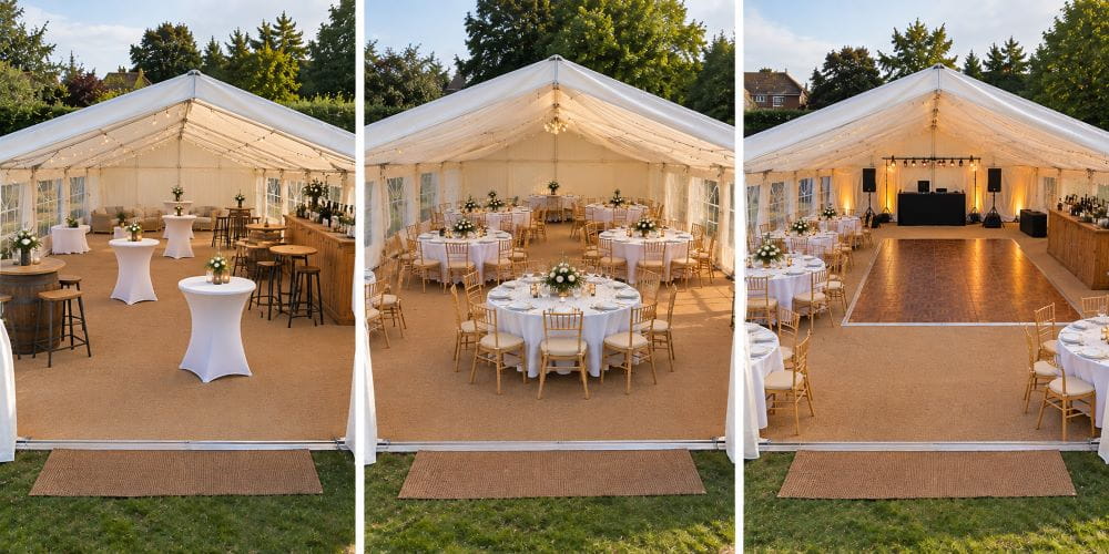 Different marquee layouts for standing reception, seated dining and dining with dancing