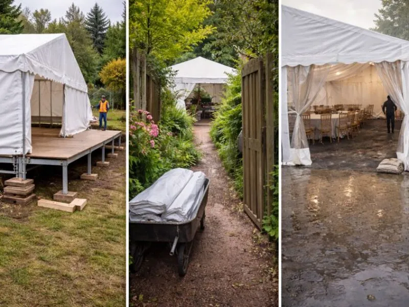 Marquee Site Access And Weather Challenges Marquee setup challenges showing uneven ground narrow access and wet weather conditions