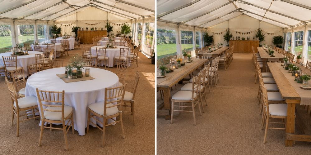 Round table and trestle table layouts inside an event marquee