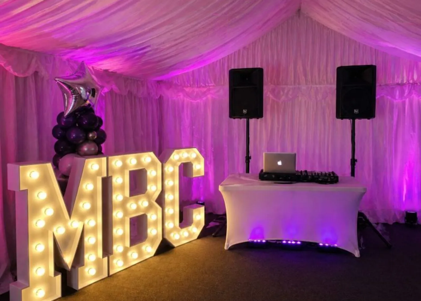 Speaker Hire Essex – DJ Setup with Lighting and MBC Letters speaker-hire-essex-dj-setup-mbc-letters