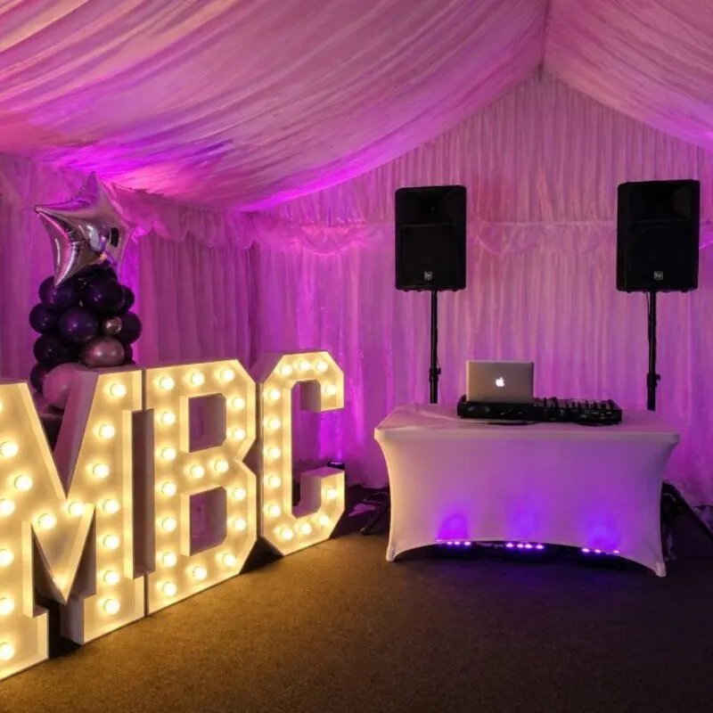 Speaker Hire Essex – DJ Setup with Lighting and MBC Letters speaker-hire-essex-dj-setup-mbc-letters