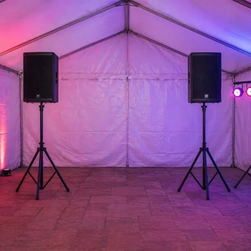 Speaker Hire Setup with Sound System and Lighting in Marquee Speaker hire setup with two speakers and event lighting inside marquee
