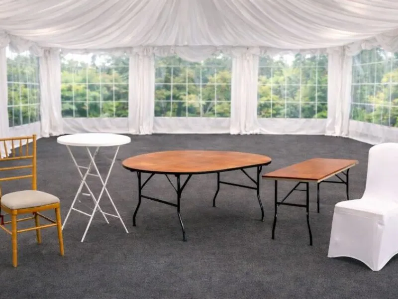 Tables and Chairs Hire Options in Marquee Tables and chairs hire options inside a marquee in Essex showing different event furniture setups