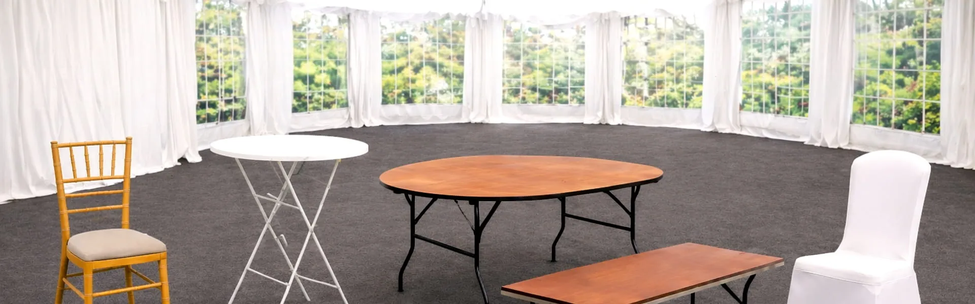 Chiavari chair, covered chair and tables displayed to show tables and chairs hire options