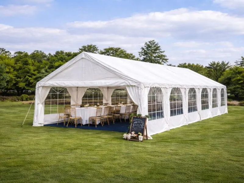 Traditional Marquee Hire – Size and Layout Example Traditional marquee hire setup in Essex showing size and layout for event pricing