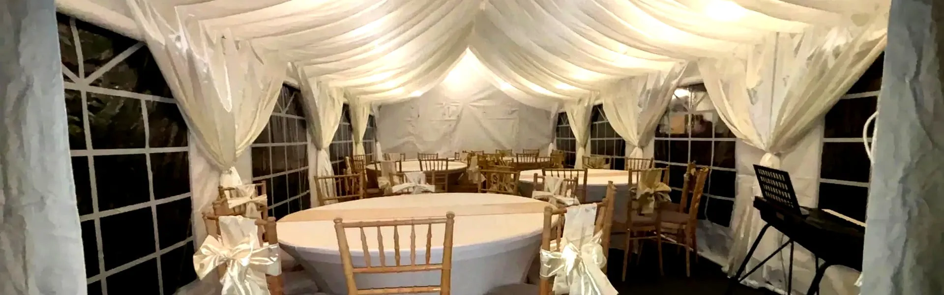 Traditional Marquee Hire Interior Setup Traditional marquee interior with draped lining, round tables and Chiavari chairs for marquee hire