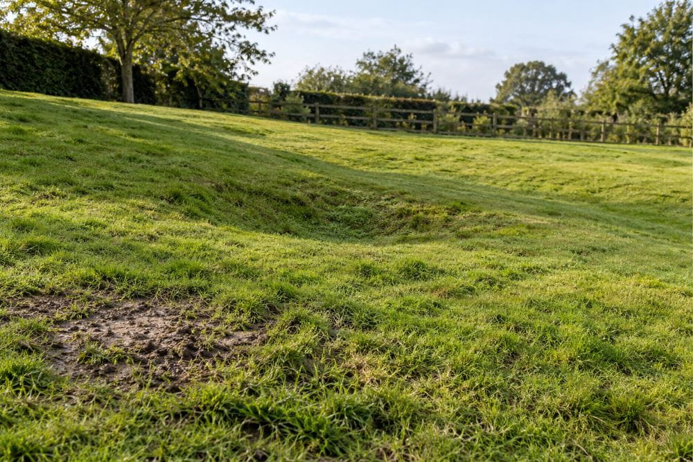 Uneven and sloping grass area being assessed for marquee installation