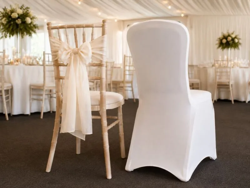 White chair cover for event furniture hire inside marquee