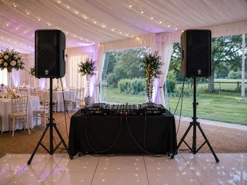 Marquee Speaker Hire Setup for Weddings Pair of PA speakers and DJ equipment set up inside a wedding marquee with tables, chairs and garden views