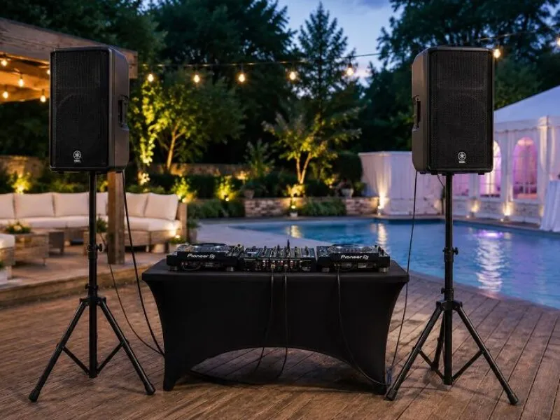 Outdoor DJ Hire Private Party Setup Outdoor DJ hire setup with PA speakers and DJ decks beside a pool and garden party area