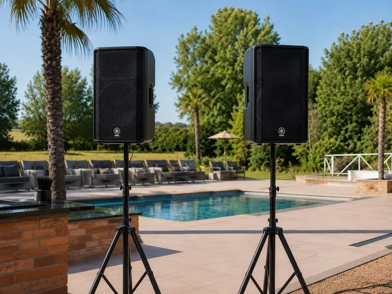 Outdoor Party Speaker Hire Setup Outdoor speaker hire setup with two PA speakers and DJ decks for a garden party or private outdoor event