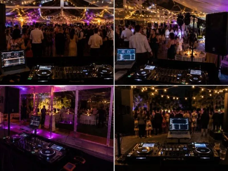 Wedding Marquee DJ and Speaker Setup DJ decks, laptop and PA speakers set up inside a wedding marquee with guests, warm lighting and purple uplighting