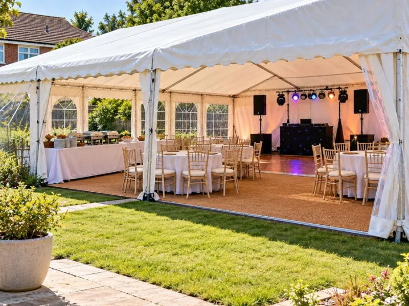 Garden Marquee Extras: Furniture, Buffet and Entertainment Setup Garden marquee with dining tables, buffet area, DJ setup and speakers