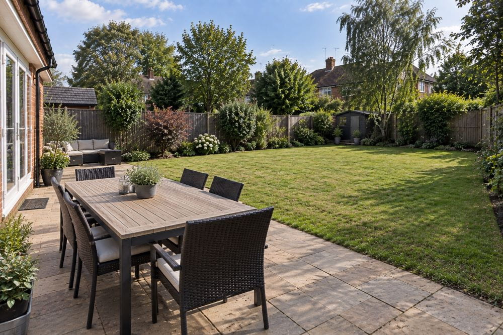 Assessing a large garden with open lawn and patio space for a garden party marquee