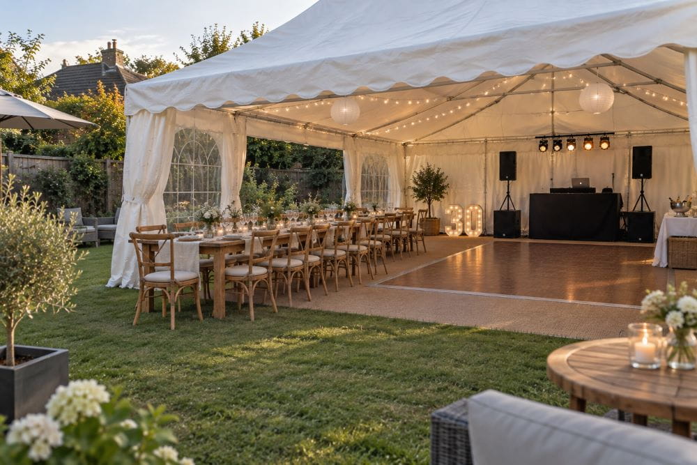 Birthday garden marquee with dining tables, DJ setup and separate dance area