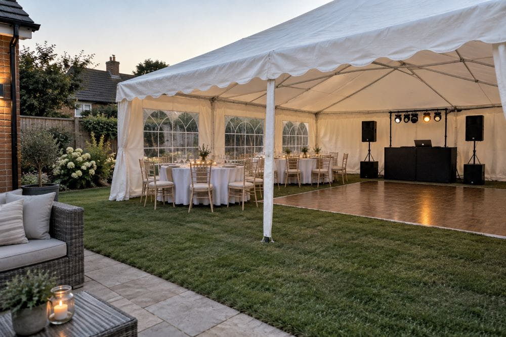 Birthday garden marquee with DJ, speakers, dining tables and dance floor