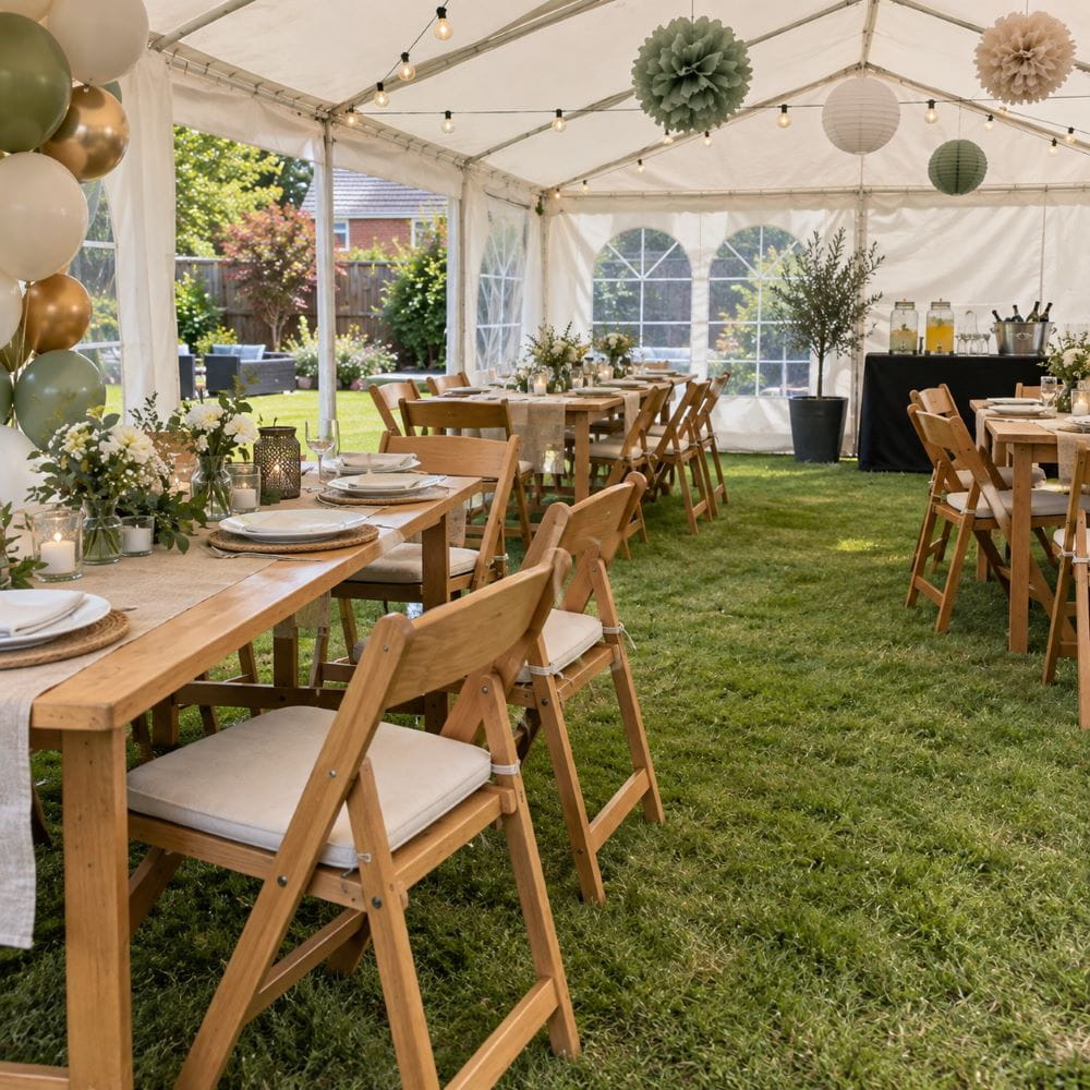 Birthday garden marquee with tables and chairs arranged with clear space for guests to move around