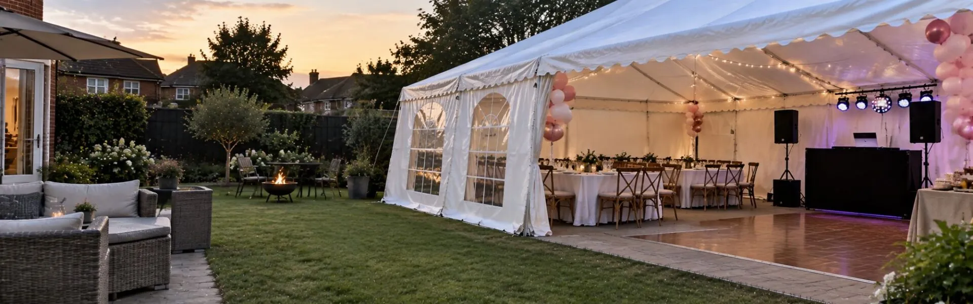 Birthday Party Marquee with DJ and Dance Floor Birthday party marquee with dining tables, dance floor and DJ setup in a suburban garden