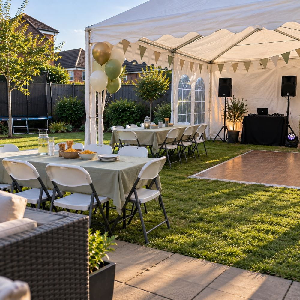 Casual birthday marquee with tables, chairs, DJ setup and dance floor in a residential back garden