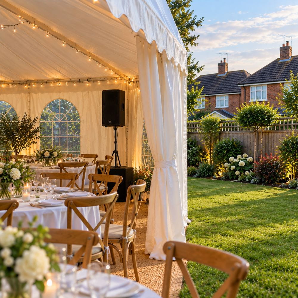 Garden marquee speaker setup facing the party seating area