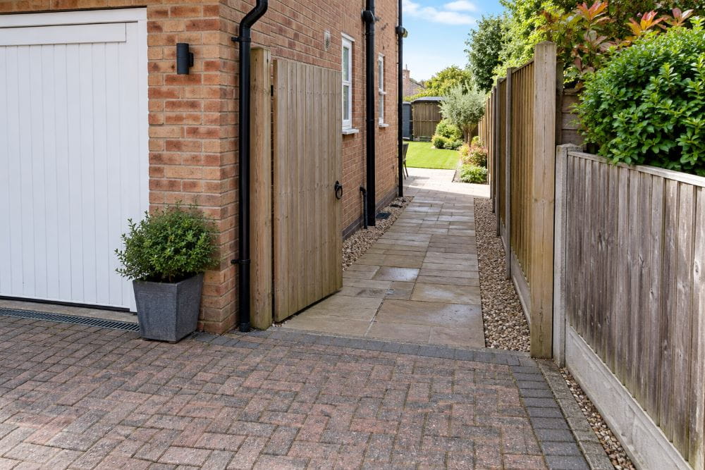 Garden marquee access route from driveway through side gate to rear garden