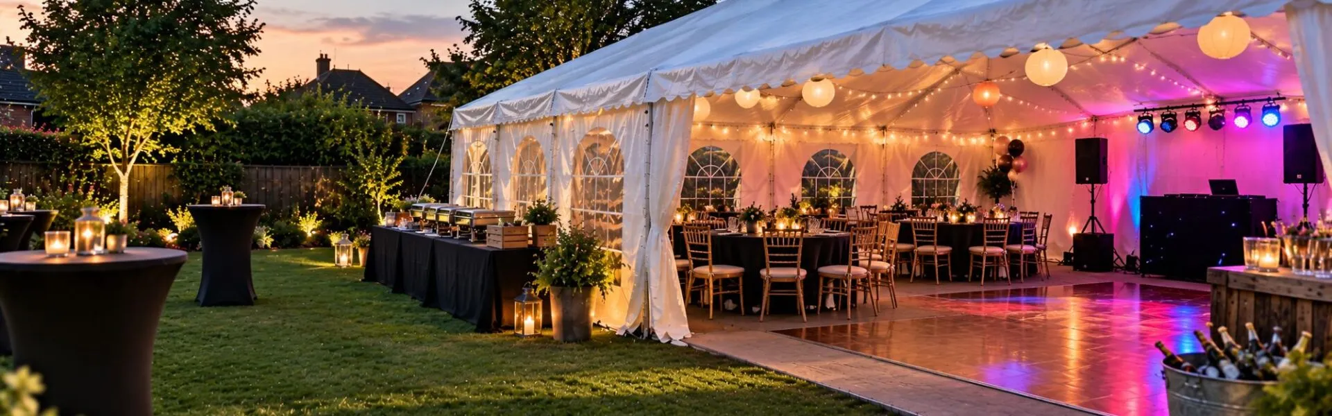 Garden Marquee Furniture and Event Extras Garden marquee with dining tables, chairs, cocktail tables, buffet area and DJ setup
