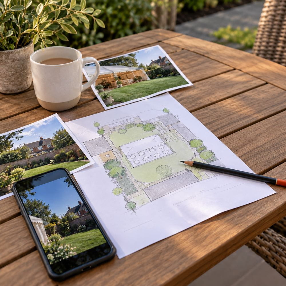 Preparing a garden marquee party plan with layout sketch and reference photos