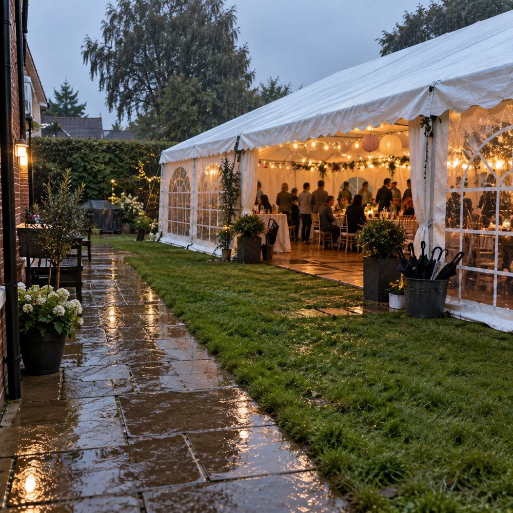 Guests sheltered inside a garden marquee during rainfall