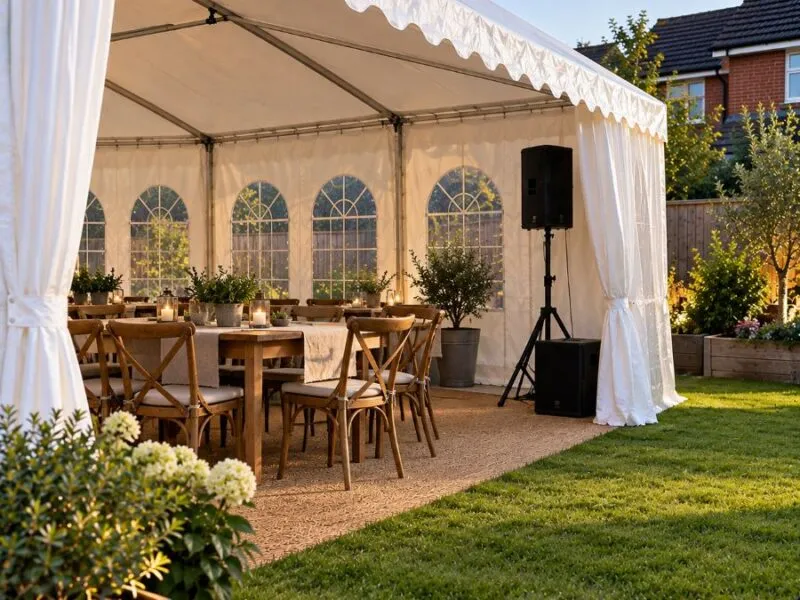 Garden Marquee Party Noise Planning Garden marquee party with speaker setup and seating in a residential garden