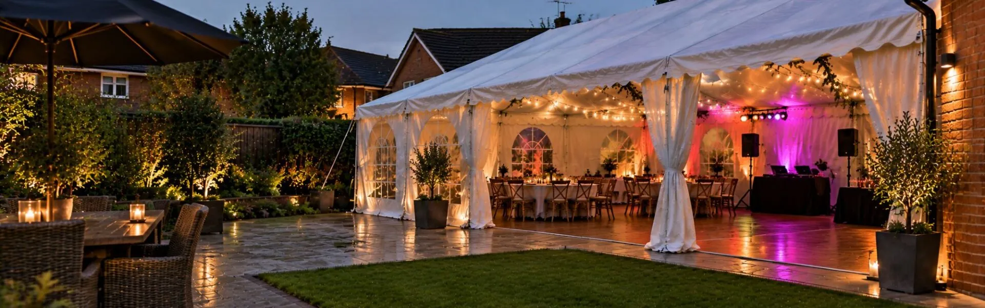 Garden Marquee Party in Essex Garden marquee prepared for an evening party in a residential setting