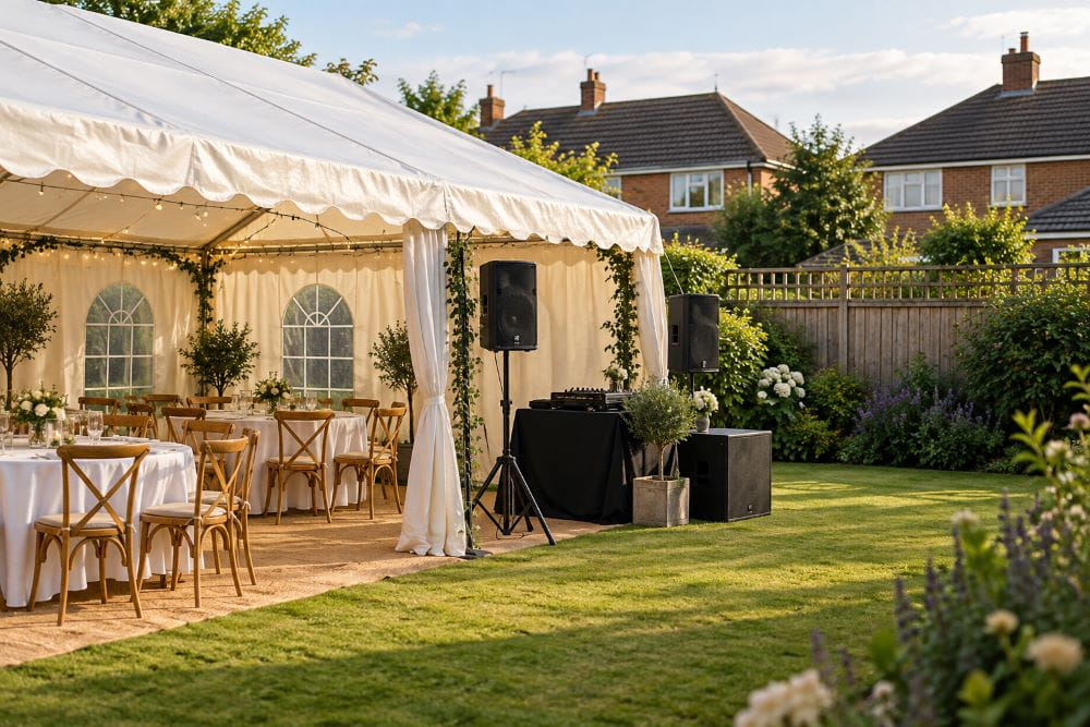 Garden marquee party with speakers near neighbouring homes