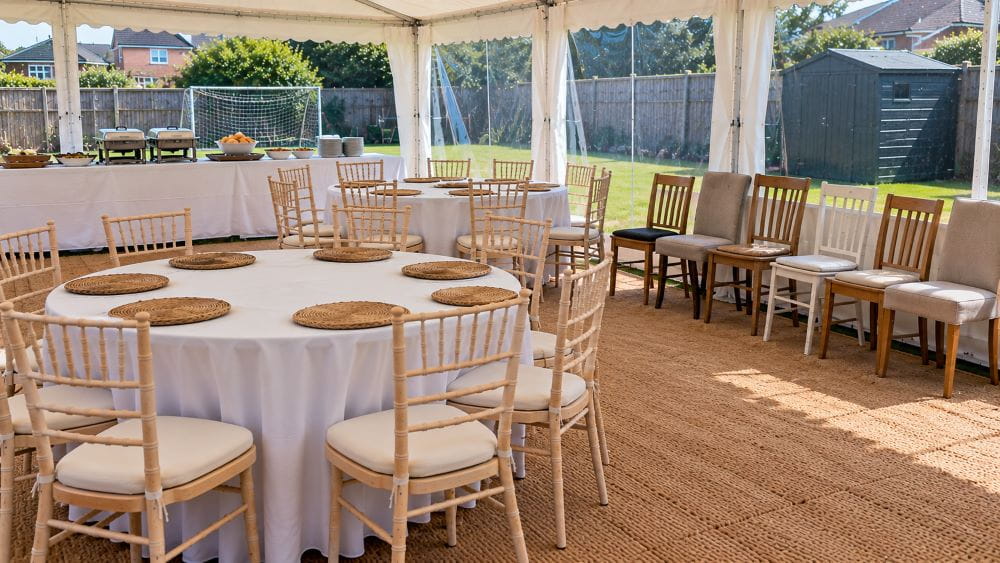 Round dining table, buffet table and cocktail tables inside a garden marquee