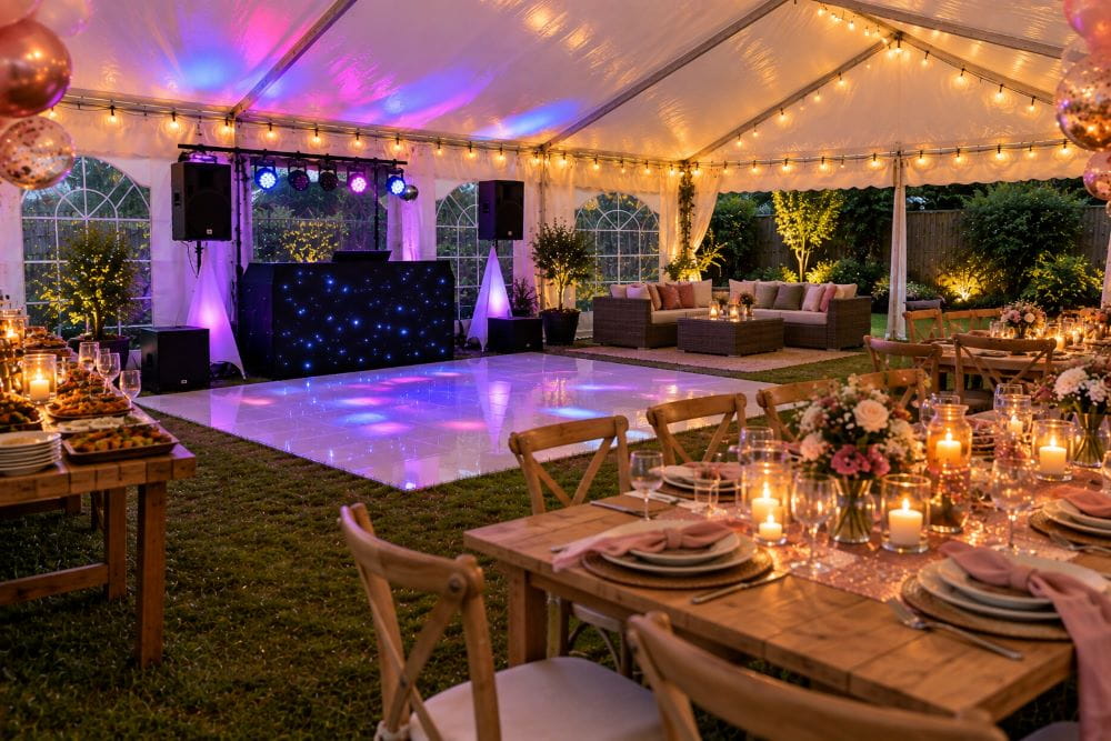Garden party marquee with separate DJ, speakers, dance floor and dining area