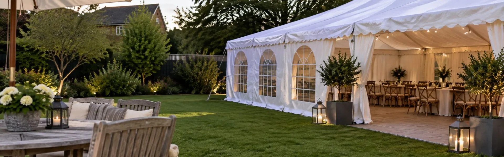Garden Party Marquee Hire in Essex White garden marquee with dining tables and seating set up for a party