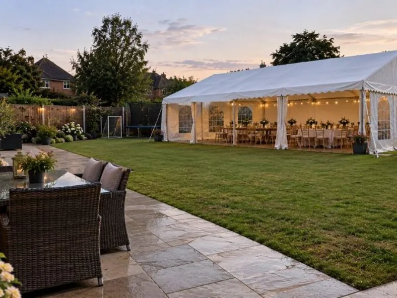 Garden Party Marquee Planning Checklist Garden party marquee with DJ, dance floor and seating set up in a large garden