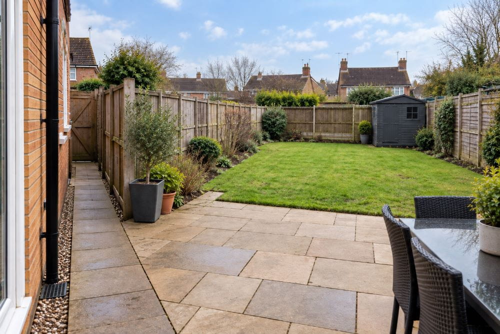 Garden marquee access route from side passage across patio to lawn