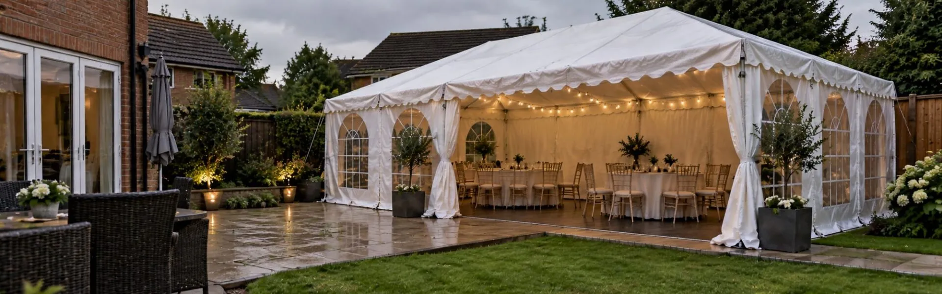 White garden marquee positioned on a paved patio beside a lawn at an Essex home