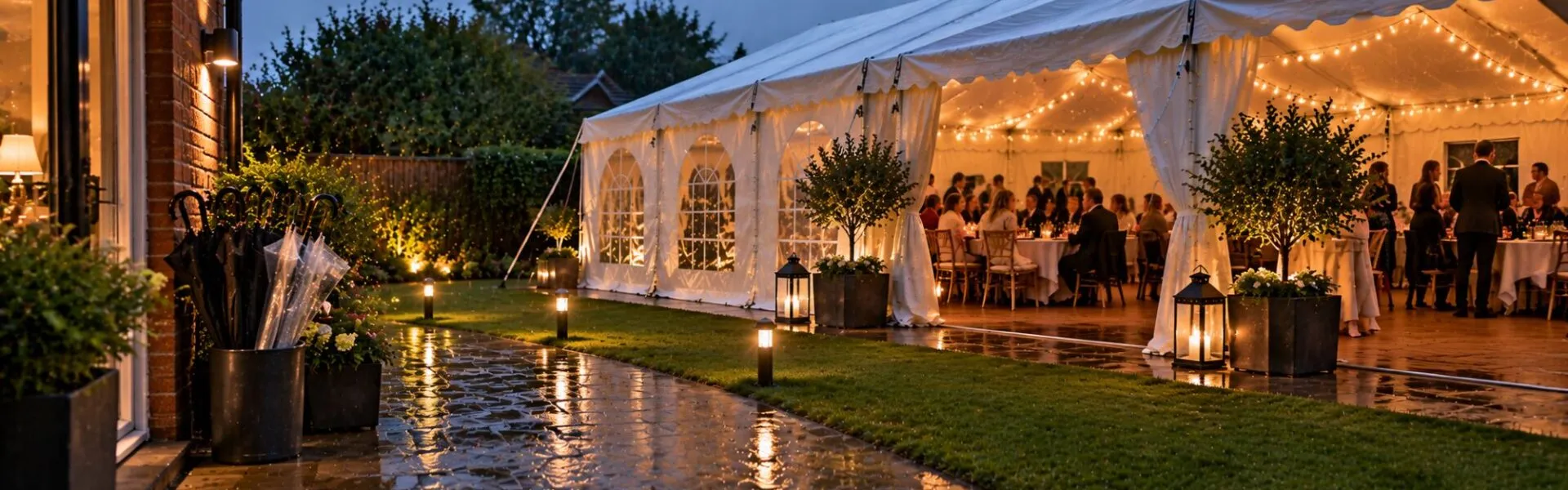 Garden marquee set up for an event following wet weather